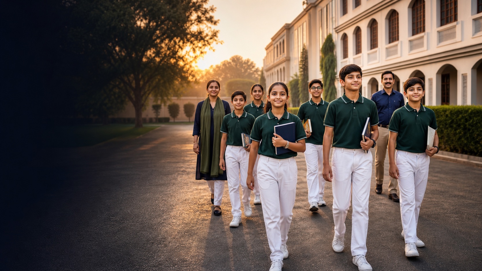 Representative view of Sharda Gurukul Academy students in green and white academy uniform